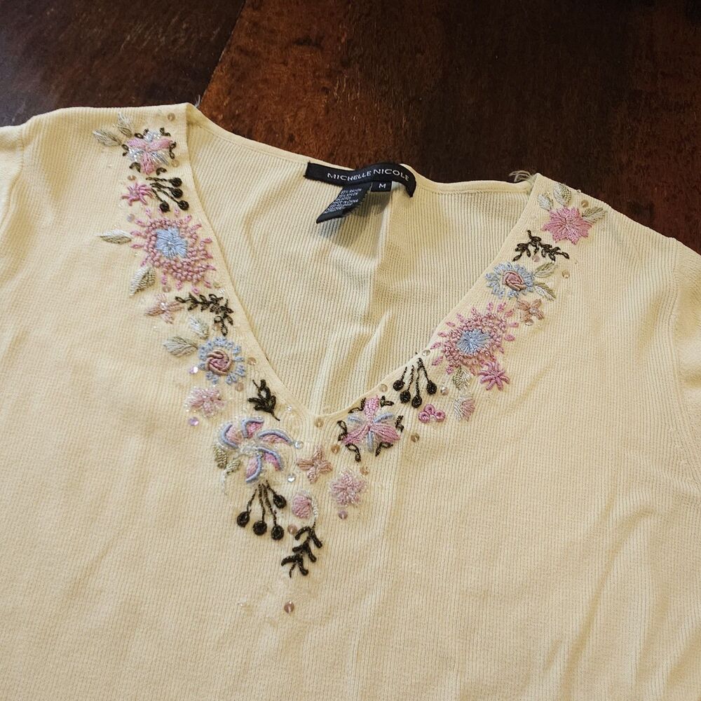 VINTAGE y2k floral embroidered beaded knit top boho cottage size m pastel fairy - Picture 7 of 8